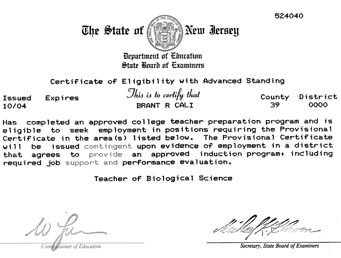 CEAS Certificate for New Jersey